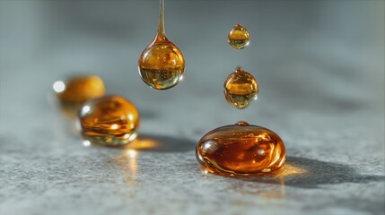 Amber droplets fall onto a smooth surface creating various shapes and reflections. Light shines on them showcasing their color and texture in a focused scene.