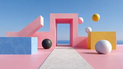 A pink and yellow room with a white door. The room is filled with colorful blocks and balls