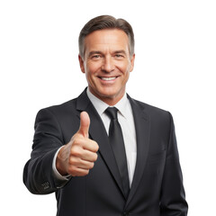 Smiling middle aged businessman in a formal suit giving a thumbs up gesture of approval and success isolated on transparent background