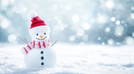 Fototapeta premium Small snowman with red hat and scarf for winter and christmas concept, snowy background