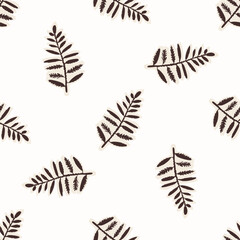 Seamless fern leaf vector pattern. For woodland nature home decor, linocut forest motif wallpaper. Whimsical leaf all over print. 