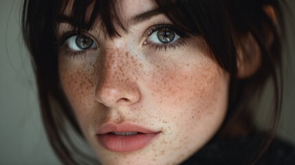 A young person with freckles and dark hair looks directly at the camera with a serious expression in a well lit indoor space. The focus is on the face and eyes.