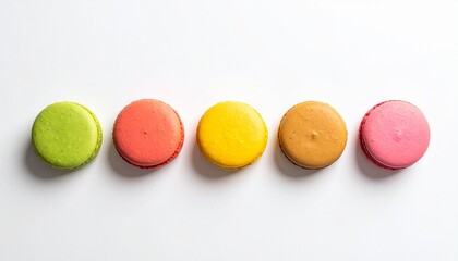 Five colorful macarons in green, red, yellow, orange, and pink arranged in a horizontal line on white background