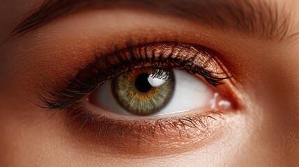 Obraz premium A close view of a human eye focuses on the iris which has various shades of green and brown. The eyelashes frame the eye and light reflects off the surface creating details.
