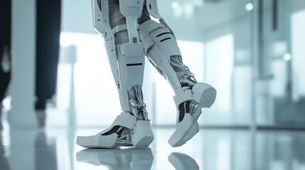 Medical exosuit supporting patient walking during physical therapy in modern rehabilitation center
