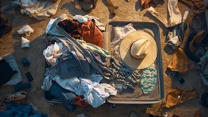 Overhead view of an open suitcase filled with clothes, a hat, and other travel essentials ready for a journey