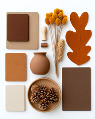 A DIY station for sustainable gift wrapping, various natural elements, stamps, eco-friendly inks, different types of recycled paper, flat lay