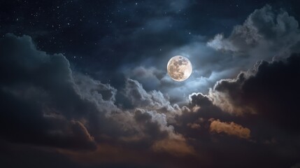 Fototapeta premium The bright moon lights up the night sky as it shines through thick clouds. Stars are visible in the dark space above creating a clear night view.