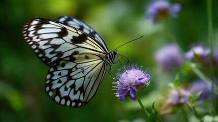 Obraz premium A butterfly with black and white wings is perched on a purple flower surrounded by green foliage under bright sunlight. The scene shows nature in action.