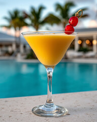 Tropical Cocktail with Cherries by the Poolside at a Resort 