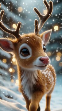 Un ciervo de estilo caricaturesco con grandes ojos brillantes mira directamente a la c&aacute;mara en un fondo de bokeh dorado.