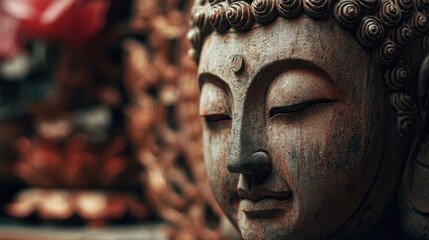A wooden Buddha statue with a serene expression stands in a decorative setting. The background features colorful offerings and various artifacts creating a rich environment.