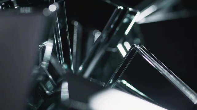 The image shows a close-up of multiple transparent, angular glass shards. The shards are arranged in a complex, overlapping pattern against a dark background.