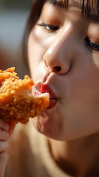 Primer plano de una mujer disfrutando de un crujiente trozo de pollo frito.