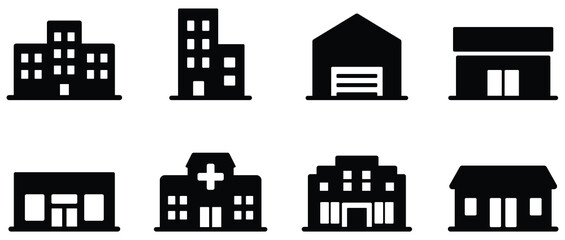 Building icon set, Urban architecture symbol pack, City structure silhouette collection
