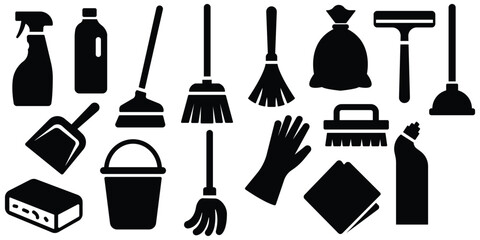 Cleaning tool icon set, Household supply symbol pack, Sanitation equipment silhouette collection