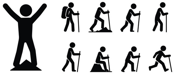 Mountain climbing stickman set, Hiking and ascent figure pack, Outdoor adventure silhouette collection