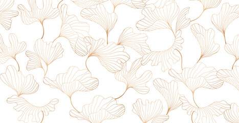 Obraz premium Golden leaves botanical background with modern style elements. Art deco or luxury wallpaper design. For wrapping, tropical vibes and decoration.Hand drawn line design