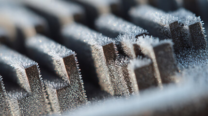 Close-up of frosty metal fins gleaming under natural light, showing intricate ice crystals and a stark contrast between cold and metallic surfaces. Winter's touch.