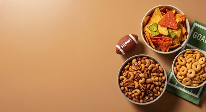 American football party snacks flat lay. Bowls of chips, nuts, and crackers for a game day celebration with copy space