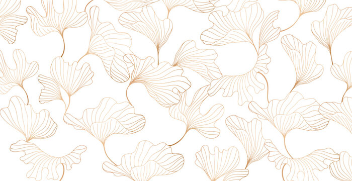 Golden leaves botanical background with modern style elements. Art deco or luxury wallpaper design. For wrapping, tropical vibes and decoration.Hand drawn line design