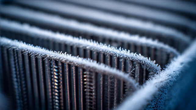 Icy metal grating, a close-up of frost clinging to parallel bars, creating a mesmerizing winter pattern with a cool blue tone, showcasing the delicate beauty of ice crystals.