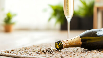 Celebration spill: a champagne bottle lies on its side near confetti with a flute glass standing nearby in a moment of revelry or an unexpected mishap after a party.