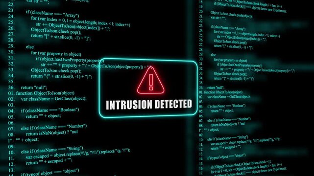 Red Exclamation Mark Warning Symbol intrusion detected Neon Sign on cyan Digital Code Background with Glitch Effect
