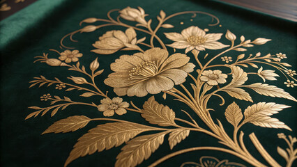Spring whimsical petal motion. Intricate golden floral engraving on dark green background, showcasing vintage elegance
