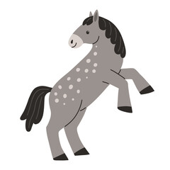 Gray spotted horse rearing up in cartoon flat style isolated on a white background. Vector illustration.