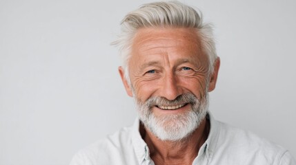 An older man smiles broadly revealing a friendly demeanor. His gray hair and beard complement his cheerful expression. He stands against a light background.