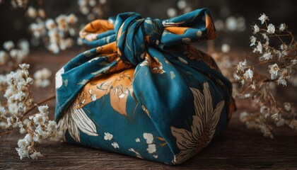 Traditional Japanese Furoshiki Gift Wrapped In Orange Fabric With Dark Teal Accents And White Flowers: Small Business, Ethical Shopping Idea, And Zero Waste Option.