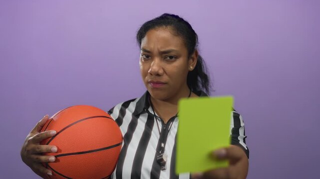 Referee woman in striped uniform holds basketball firmly and points yellow card with finger in studio; authority.