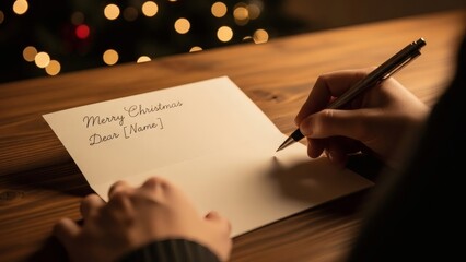 Writing a Christmas letter on wooden table