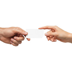 Obraz premium Hands exchanging blank business card on black background for networking concept
