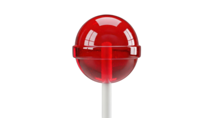 Glossy red lollipop on stick against black background