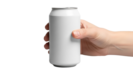 Hand holding blank soda can isolated on white background for branding
