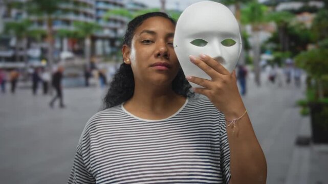African american woman holding a white plaster mask to her face in a busy urban street with blurred passersby; mystery.