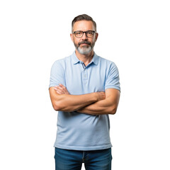 Fototapeta premium Mature man with beard and glasses wearing a light blue polo shirt and jeans standing confidently with arms crossed isolated on transparent background