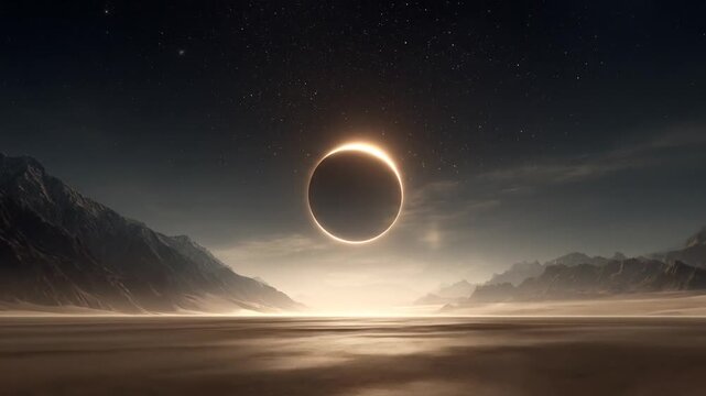 Stark desert landscape under a starry sky with a total solar eclipse in the sky