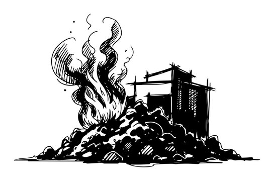 burning garbage pile landfill fire air pollution sketch