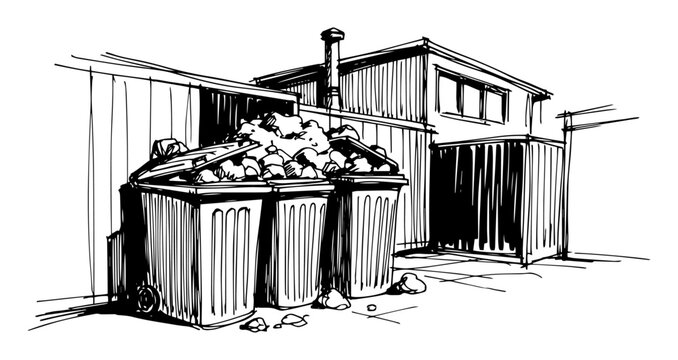overflowing garbage dumpsters behind a building sketch vector