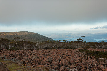 Mount Wellington overlooks Hobart, with rugged terrain and a wide coastal view, making it ideal for tourism visuals, outdoor publications, and geographic themes.