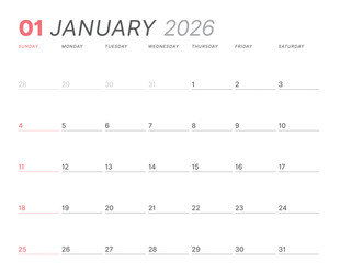January 2026 monthly planner calendar template, week starts on Sunday. Minimalist vector illustration for web, print. Modern, simple schedule organizer, printable page for business and personal use