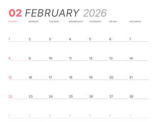 February 2026 monthly planner calendar template, week starts on Sunday. Minimalist vector illustration for web and print. Modern, simple schedule organizer, printable page for business, personal use