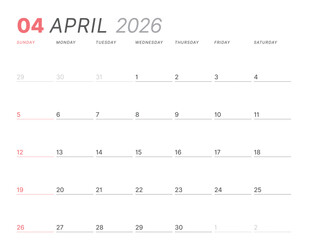 April 2026 monthly planner calendar, week starts on Sunday. Clean vector illustration for web, print. Minimalist, modern schedule organizer, printable page for business and personal time management