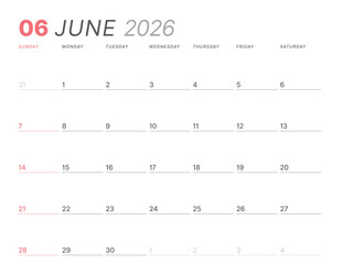 June 2026 monthly planner calendar, week starts on Sunday. Clean vector illustration for web, print. Minimalist, modern schedule organizer, printable page for business and personal time management