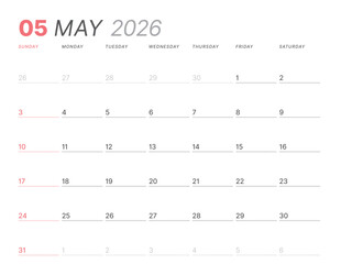 May 2026 monthly planner calendar, week starts on Sunday. Clean vector illustration for web, print. Minimalist, modern schedule organizer, printable page for business and personal time management