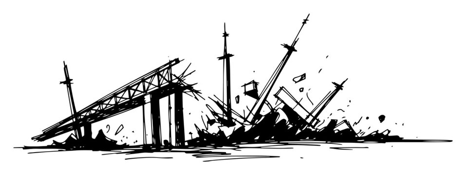 collapsed bridge destruction after disaster vector sketch