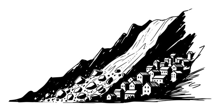 landslide disaster destroying a mountain village vector sketch